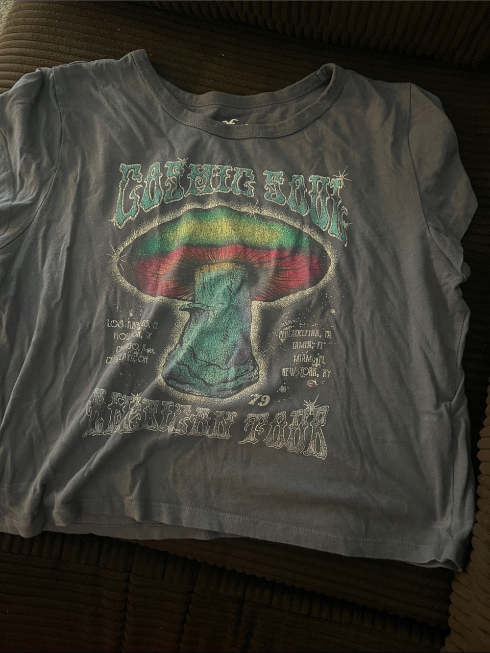 Hollister Blue Cropped Tee with Rainbow Mushroom Graphic